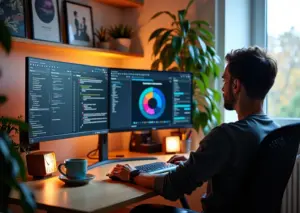 Современное рабочее место фрилансера с программами учета времени на экранах компьютера