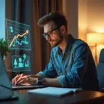 IT-фрилансер работает за ноутбуком в домашнем офисе, символы стресса и финансового планирования