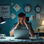 IT-фрилансер за компьютером с символами стресса и денег, иллюстрирующие типичные ошибки начинающих фрилансеров в России