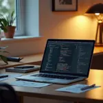 Рабочее место разработчика с ноутбуком, показывающим редактирование кода WordPress, рядом эскизы тем и архитектуры плагинов, символизирующие разработку для пассивного дохода