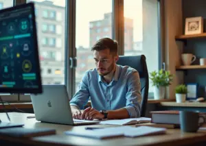 Рабочее место IT-фрилансера с книгами по сертификации и ноутбуком в современном офисе