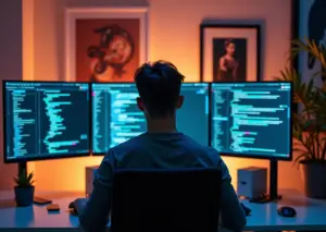 Фриланс-программист использует инструменты искусственного интеллекта в современном домашнем офисе