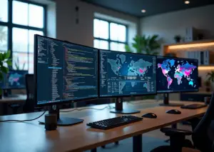 Рабочее место с экранами, показывающими код веб-разработки, интерфейсы мобильных приложений, панели DevOps и визуализации Data Science