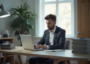 Спокойный и профессиональный домашний офис интровертированного IT-специалиста с ноутбуком, книгами по программированию, мягким освещением и минималистичным дизайном.