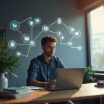 Современный домашний офис с разработчиком на фрилансе, работающим за ноутбуком с иконками, символизирующими навыки коммуникации, управления проектами и личного бренда в IT