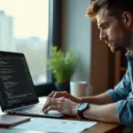 IT‑фрилансер за ноутбуком в домашнем офисе: код на экране, видеозвонок с клиентом, заметки и контракт на столе, вид на городской пейзаж за окном