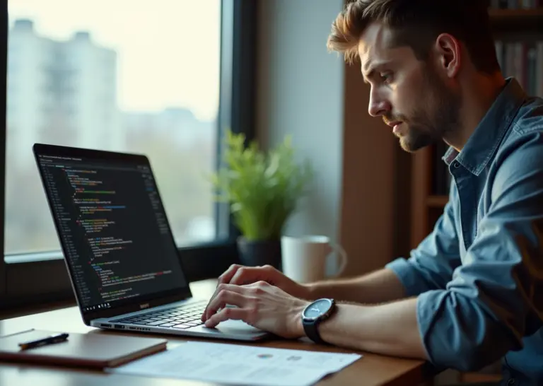 IT‑фрилансер за ноутбуком в домашнем офисе: код на экране, видеозвонок с клиентом, заметки и контракт на столе, вид на городской пейзаж за окном