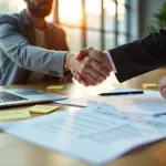 Фрилансер и заказчик обсуждают детальный бриф на разработку за столом: ноутбук с прототипом, распечатанные требования, стикеры и чек‑лист приёмки