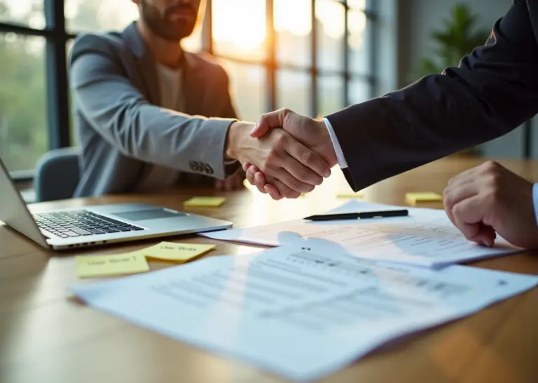 Фрилансер и заказчик обсуждают детальный бриф на разработку за столом: ноутбук с прототипом, распечатанные требования, стикеры и чек‑лист приёмки