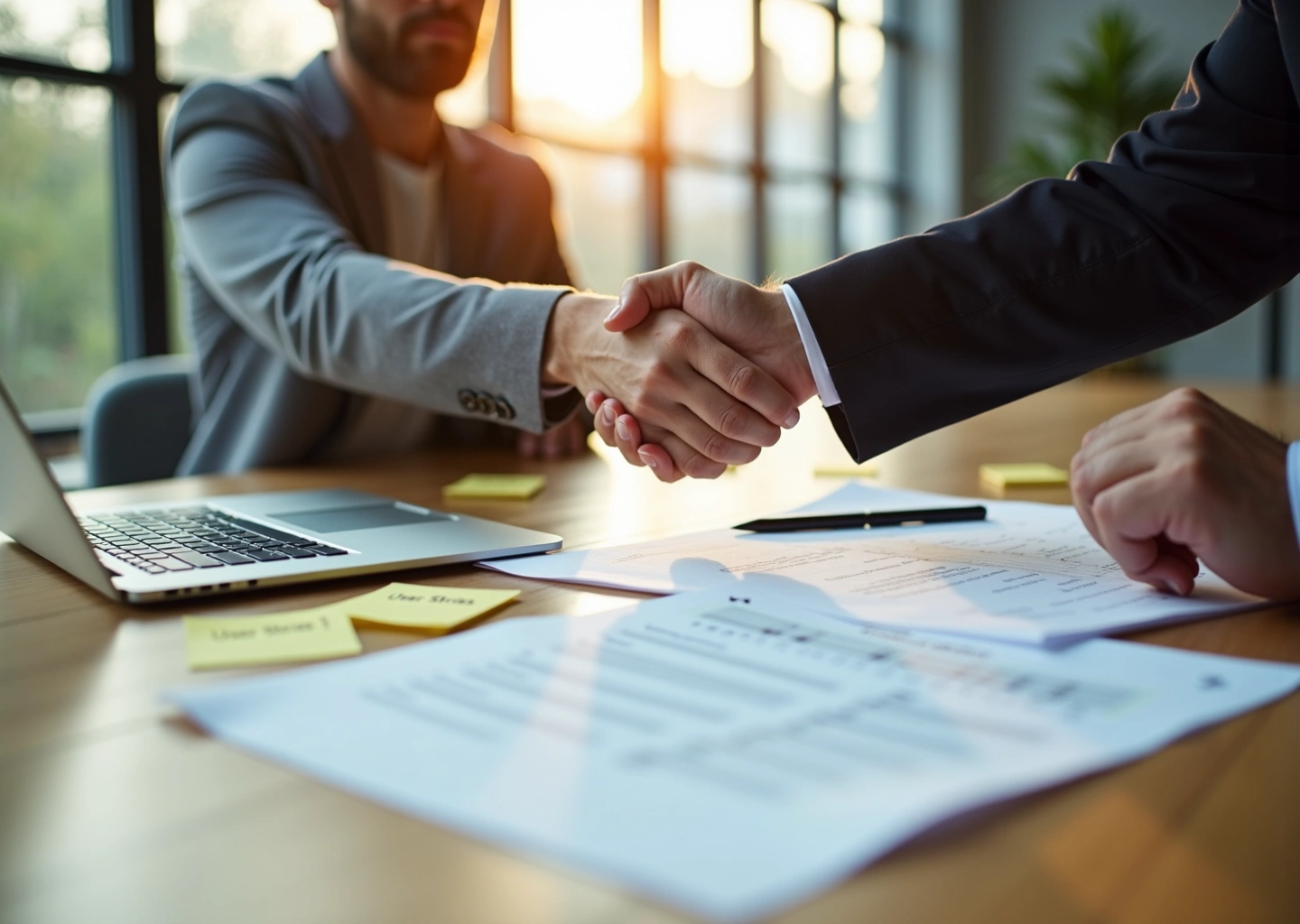 Фрилансер и заказчик обсуждают детальный бриф на разработку за столом: ноутбук с прототипом, распечатанные требования, стикеры и чек‑лист приёмки