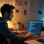 Один разработчик за ноутбуком в рабочем уголке с заметками MVP и пометками по монетизации