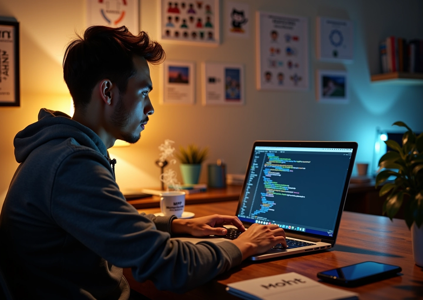 Один разработчик за ноутбуком в рабочем уголке с заметками MVP и пометками по монетизации
