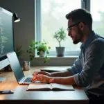 Фотография рабочего места IT‑специалиста: разработчик за ноутбуком, секундомер Pomodoro, блокнот с чек‑листом микротасков, телефон в режиме «не беспокоить», аккуратный фриланс‑атрибуты.