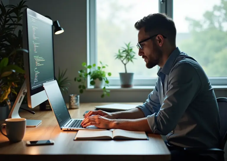 Фотография рабочего места IT‑специалиста: разработчик за ноутбуком, секундомер Pomodoro, блокнот с чек‑листом микротасков, телефон в режиме «не беспокоить», аккуратный фриланс‑атрибуты.