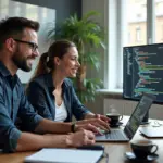 Фотография наставника и разработчика за ноутбуком во время менторской сессии на фоне видеоконференции и доски с диаграммами