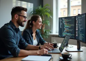 Фотография наставника и разработчика за ноутбуком во время менторской сессии на фоне видеоконференции и доски с диаграммами