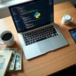 Фотография рабочего стола фрилансера: ноутбук с кодом и логотипами Python JS Java, деньги в рублях и долларах, блокнот с пометкой 2025–2026 и чашка кофе