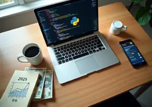 Фотография рабочего стола фрилансера: ноутбук с кодом и логотипами Python JS Java, деньги в рублях и долларах, блокнот с пометкой 2025–2026 и чашка кофе