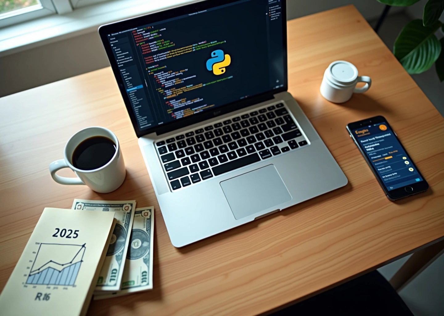 Фотография рабочего стола фрилансера: ноутбук с кодом и логотипами Python JS Java, деньги в рублях и долларах, блокнот с пометкой 2025–2026 и чашка кофе