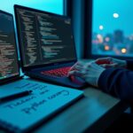 Рабочее место IT‑фрилансера с кодом, окнами ИИ‑ассистента, заметками с идеями монетизации и иконками Telegram/LinkedIn на фоне городского пейзажа