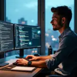 Фрилансер‑программист за ноутбуком с кодом, схемами интеграций и IoT‑модулем на столе, символы Telegram и LinkedIn на фоне городского пейзажа
