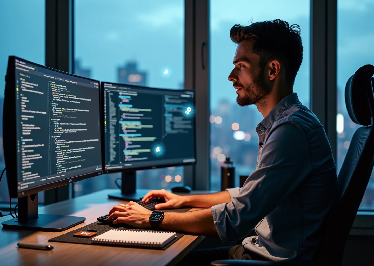 Фрилансер‑программист за ноутбуком с кодом, схемами интеграций и IoT‑модулем на столе, символы Telegram и LinkedIn на фоне городского пейзажа