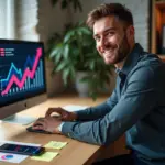 IT‑фрилансер за ноутбуком, на экране график роста, на столе пометки с иконками доп‑услуг и документы для самозанятого