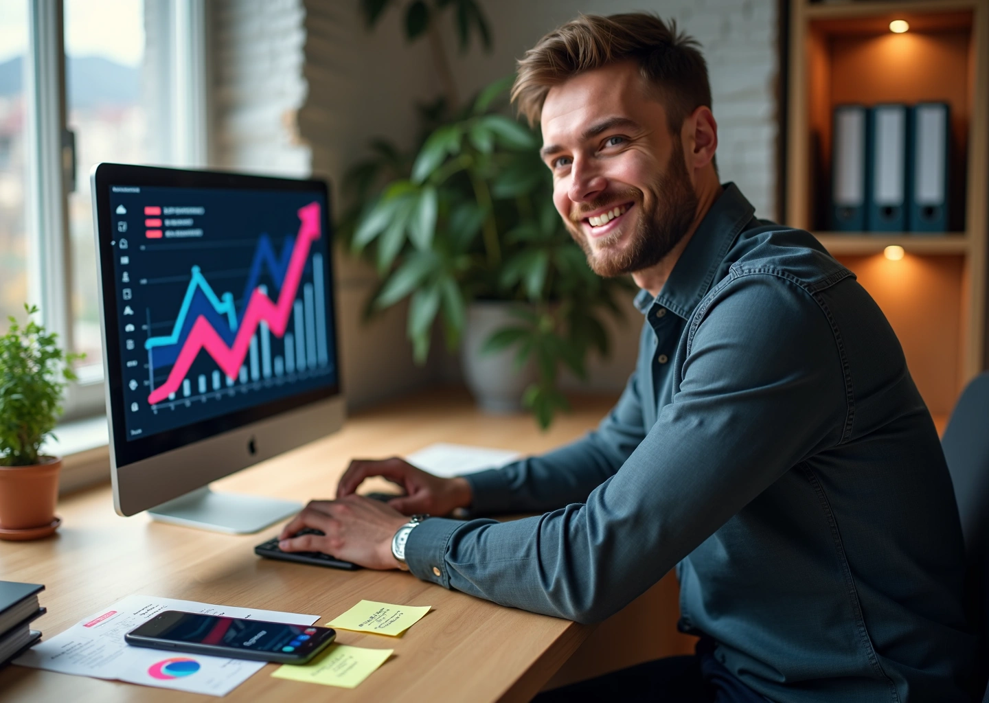 IT‑фрилансер за ноутбуком, на экране график роста, на столе пометки с иконками доп‑услуг и документы для самозанятого