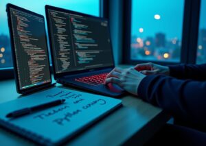 Рабочее место IT‑фрилансера с кодом, окнами ИИ‑ассистента, заметками с идеями монетизации и иконками Telegram/LinkedIn на фоне городского пейзажа