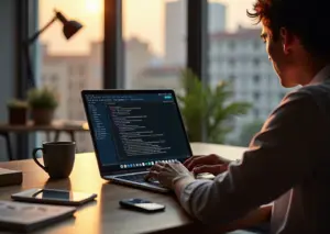 Рабочее место с ноутбуком, на экране которого открыт интерфейс тестирования API в Postman, с разработчиком на удалёнке