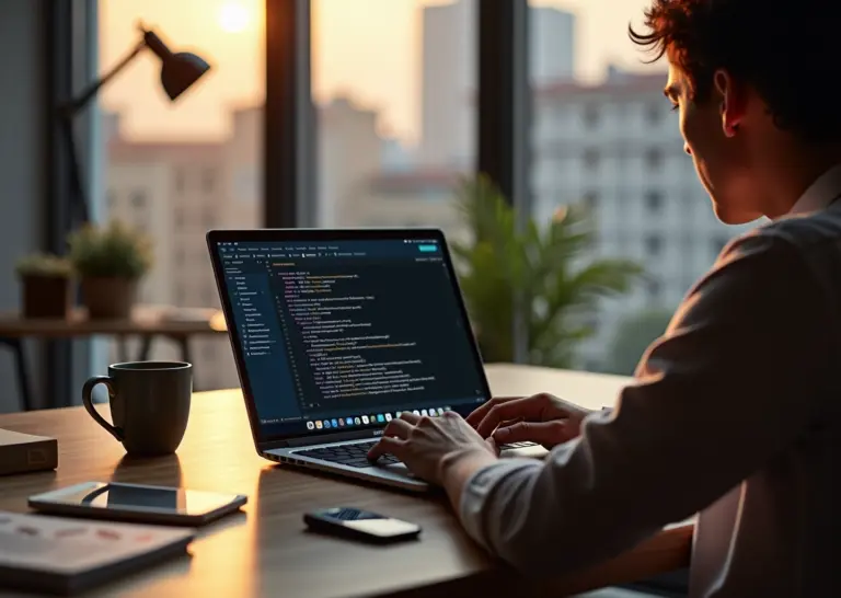 Рабочее место с ноутбуком, на экране которого открыт интерфейс тестирования API в Postman, с разработчиком на удалёнке