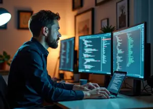 Старший разработчик проводит техническое собеседование онлайн в современной офисной среде