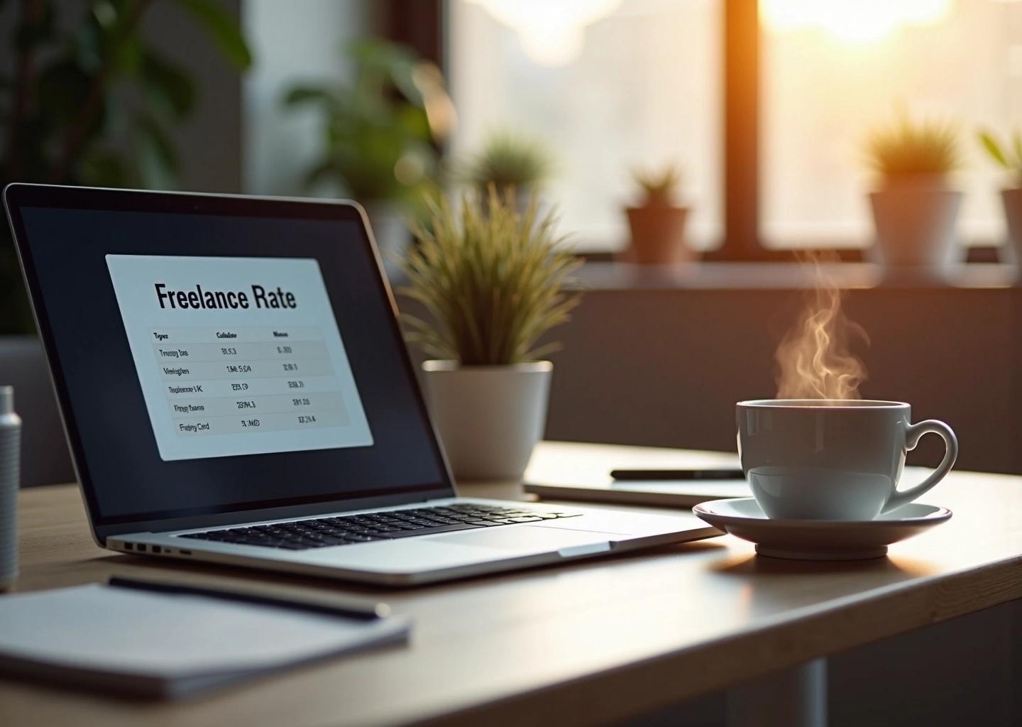 Рабочее место фрилансера с ноутбуком, калькулятором и записной книжкой