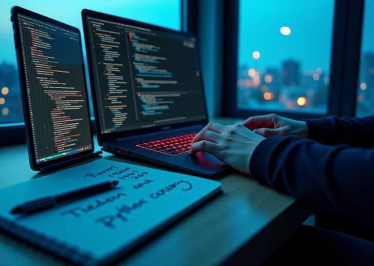 Рабочее место IT‑фрилансера с кодом, окнами ИИ‑ассистента, заметками с идеями монетизации и иконками Telegram/LinkedIn на фоне городского пейзажа