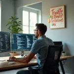 IT-специалист работает удалённо из домашнего офиса на компьютере с множеством мониторов, планируя работу и организуя процессы для успешного фриланса.