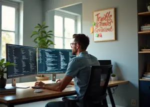 IT-специалист работает удалённо из домашнего офиса на компьютере с множеством мониторов, планируя работу и организуя процессы для успешного фриланса.