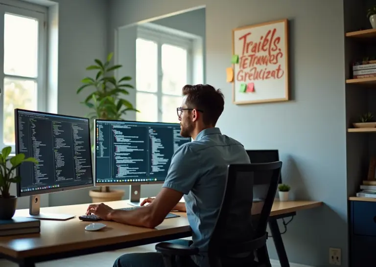 IT-специалист работает удалённо из домашнего офиса на компьютере с множеством мониторов, планируя работу и организуя процессы для успешного фриланса.