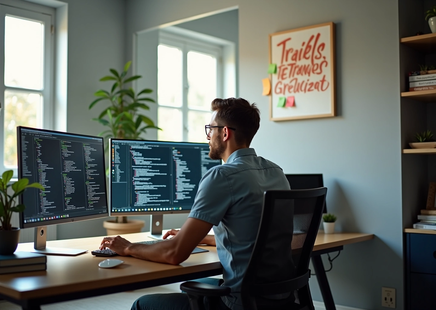 IT-специалист работает удалённо из домашнего офиса на компьютере с множеством мониторов, планируя работу и организуя процессы для успешного фриланса.